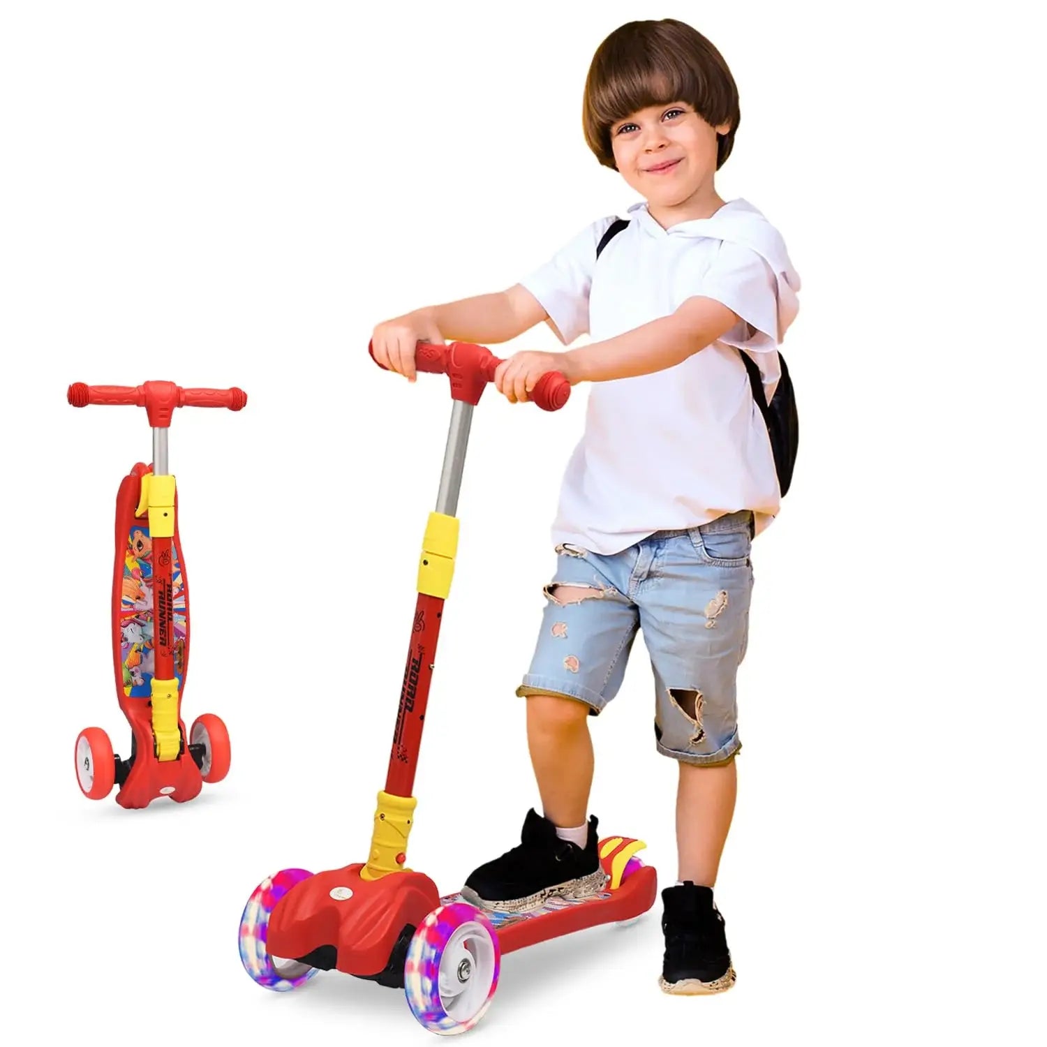 Red R for Rabbit Road Runner 3-Wheel Scooter for kids aged 3 and above, featuring vibrant LED light-up wheels. A young boy is happily riding the scooter, perfect for developing balance and outdoor fun. Usmile Toys." www.usmile.toys