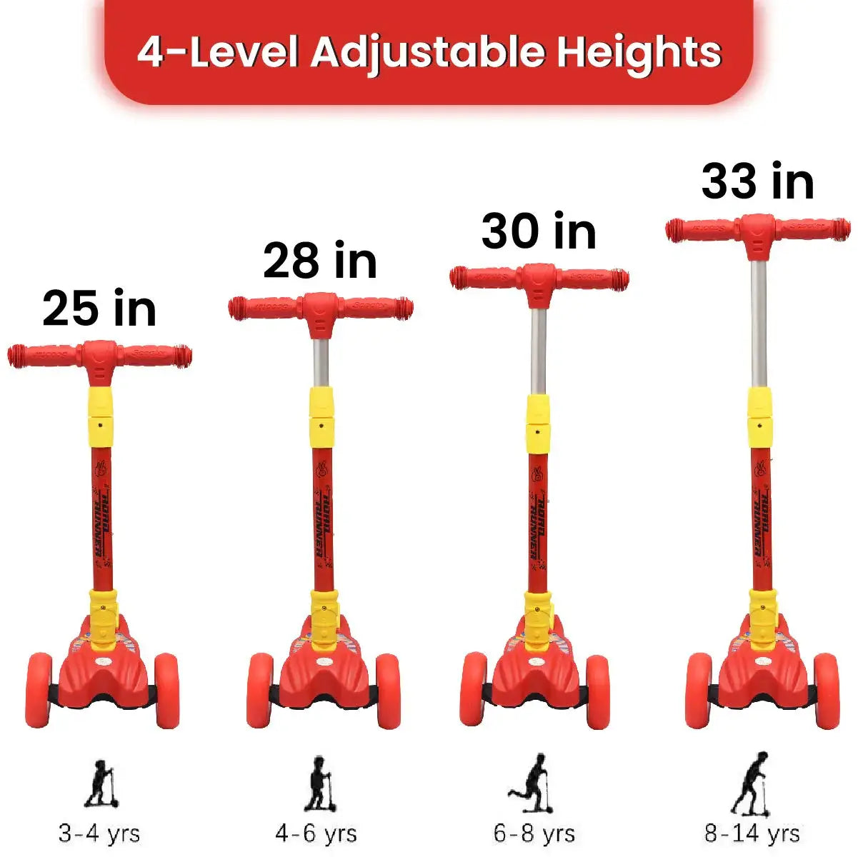 "R for Rabbit Road Runner 3-Wheel Scooter in red, with glowing LED wheels, ridden by a smiling boy. Designed for children aged 3+ years, promoting active play and coordination. www.usmile.toys