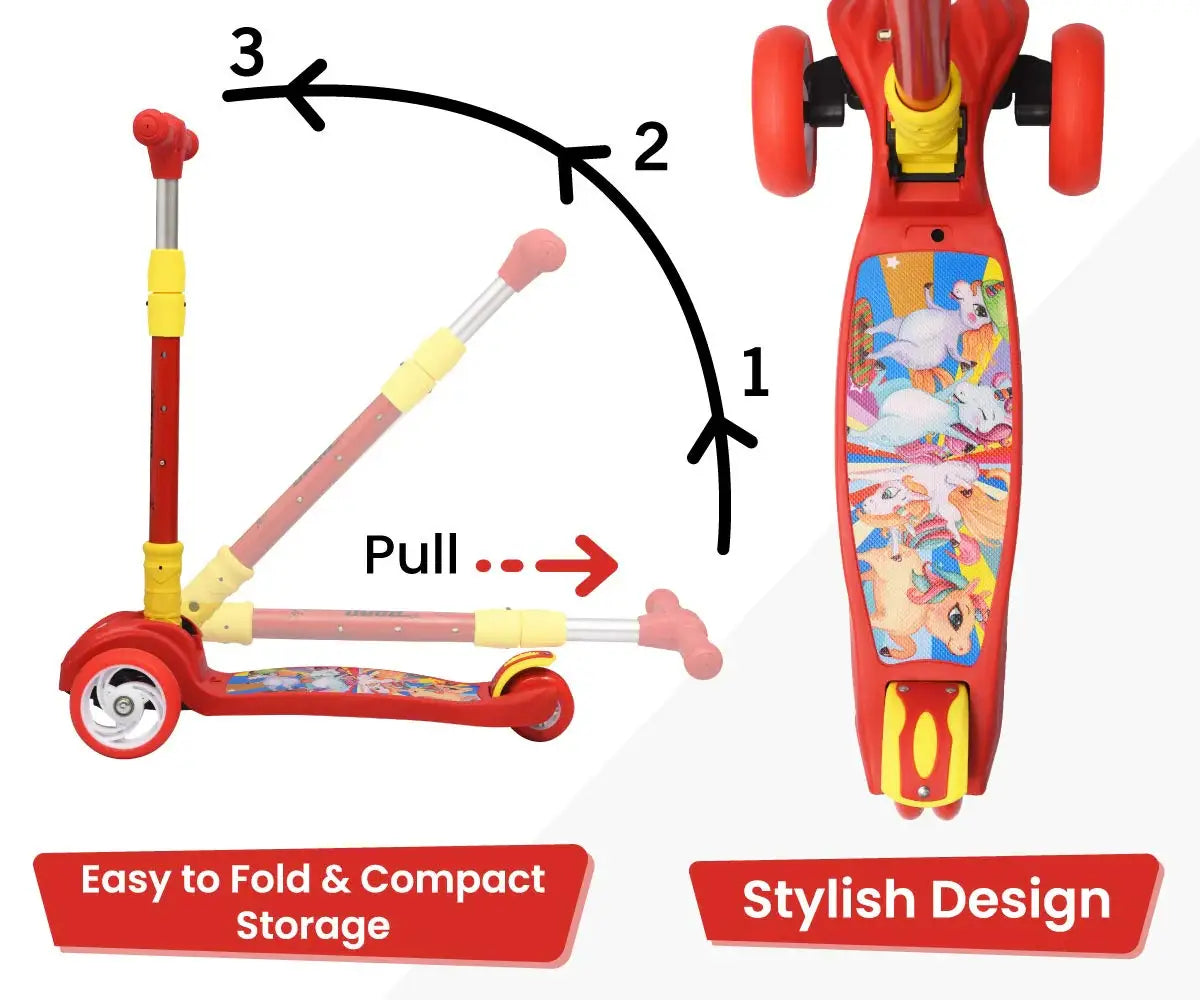 "R for Rabbit Road Runner 3-Wheel Scooter in red, with glowing LED wheels, ridden by a smiling boy. Designed for children aged 3+ years, promoting active play and coordination.