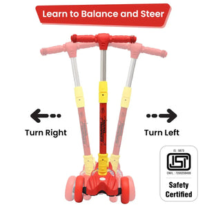 The R for Rabbit Road Runner Scooter, a bright red 3-wheel kick scooter ideal for children aged 3 years and up. It features eye-catching LED light-up wheels for an exciting ride, and a sturdy design to help young boys and girls develop balance and enjoy outdoor adventures. Available at Usmile Toys." www.usmile.toys