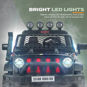 car in black with red wheels and grille, equipped with Bluetooth connectivity, built-in music, bright LED lights, and a sturdy off-road design, perfect for outdoor play." www.usmile.toys