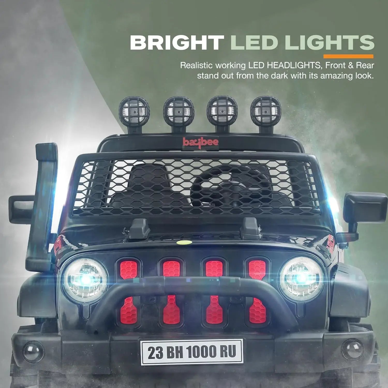 car in black with red wheels and grille, equipped with Bluetooth connectivity, built-in music, bright LED lights, and a sturdy off-road design, perfect for outdoor play." www.usmile.toys