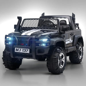 Big baby battery car, a robust black ride-on jeep with functioning headlights, overhead lights, and a realistic design, offering an immersive driving experience for children with  www.usmile.toys