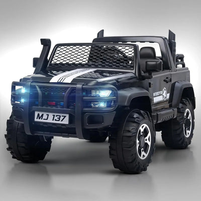Big baby battery car, a robust black ride-on jeep with functioning headlights, overhead lights, and a realistic design, offering an immersive driving experience for children with  www.usmile.toys