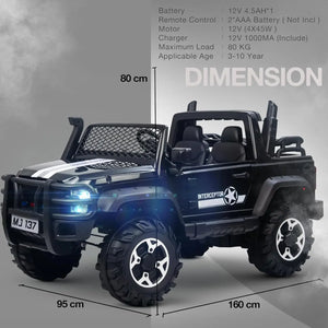 Big baby battery car, a robust black ride-on jeep with functioning headlights, overhead lights, and a realistic design, offering an immersive driving experience for children with  www.usmile.toys