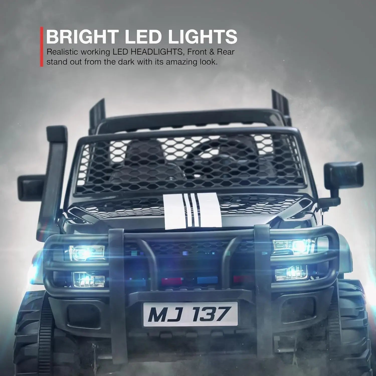 Big baby battery car, a robust black ride-on jeep with functioning headlights, overhead lights, and a realistic design, offering an immersive driving experience for children with  www.usmile.toys