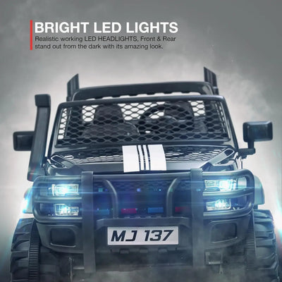 Big baby battery car, a robust black ride-on jeep with functioning headlights, overhead lights, and a realistic design, offering an immersive driving experience for children with  www.usmile.toys