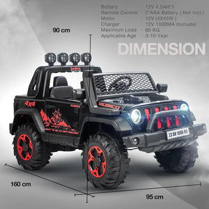 Big baby battery car, a robust black ride-on jeep with functioning headlights, overhead lights, and a realistic design, offering an immersive driving experience for children with music and Bluetooth." www.usmile.toys