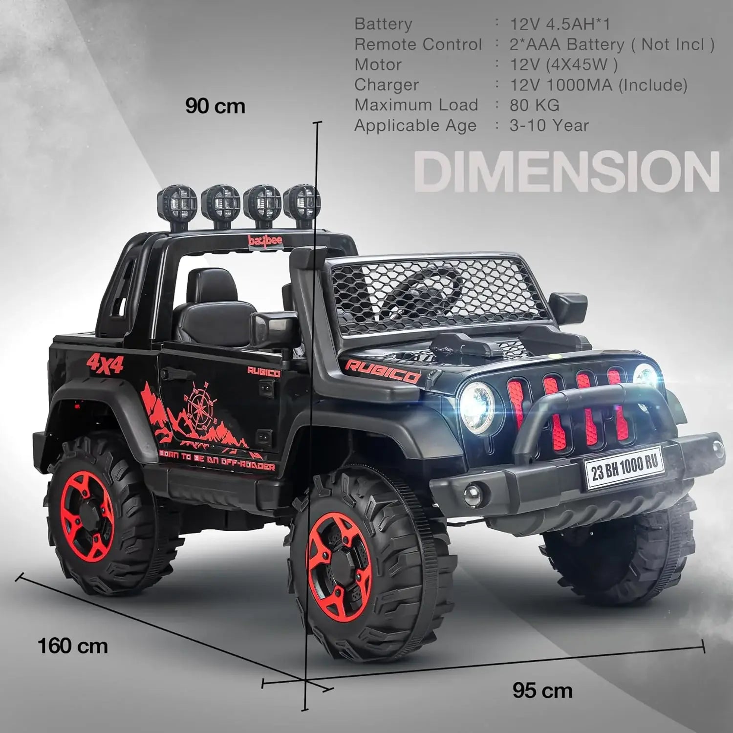 Big baby battery car, a robust black ride-on jeep with functioning headlights, overhead lights, and a realistic design, offering an immersive driving experience for children with music and Bluetooth." www.usmile.toys