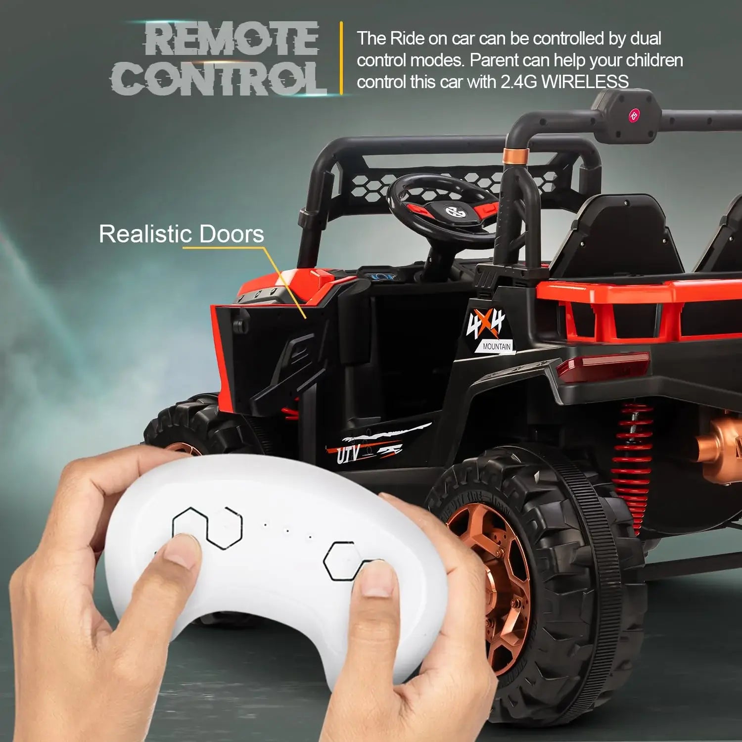 Kids' large electric ride-on UTV jeep in red, perfect for toddlers and young children with parental remote control WWW.USMILE.TOYS