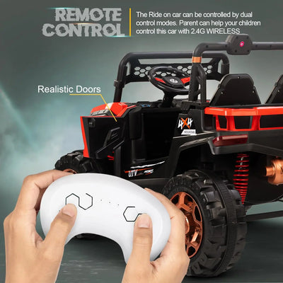 Kids' large electric ride-on UTV jeep in red, perfect for toddlers and young children with parental remote control WWW.USMILE.TOYS