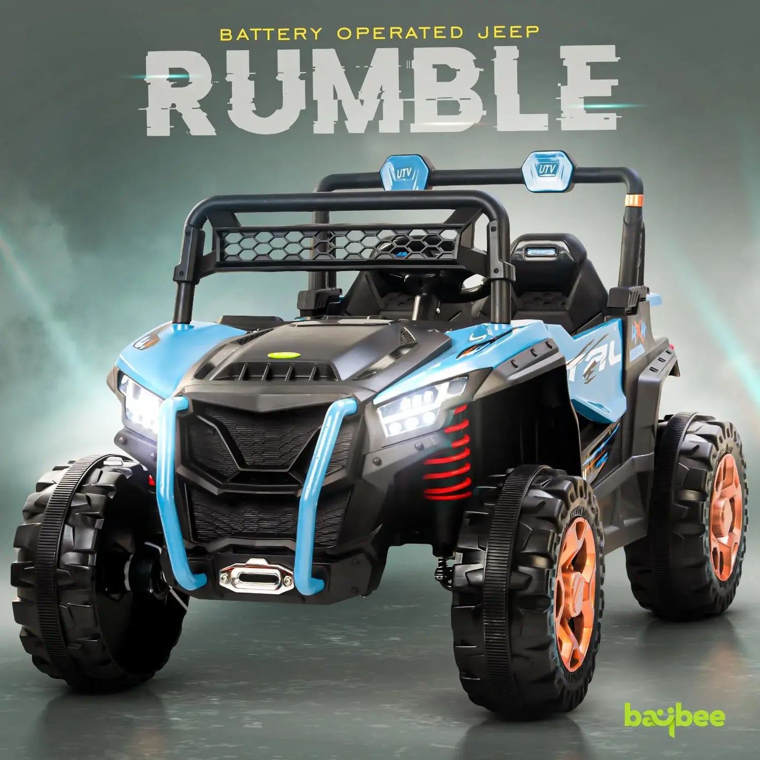 Durable red baby big jeep battery car with oversized tires, working headlights, and integrated music system for outdoor play WWW.USMILE.TOYS