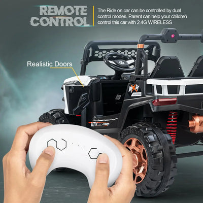 Usmile Toys red rechargeable battery operated jeep for kids, a realistic ride-on toy car with light and music for exciting adventures WWW.USMILE.TOYS