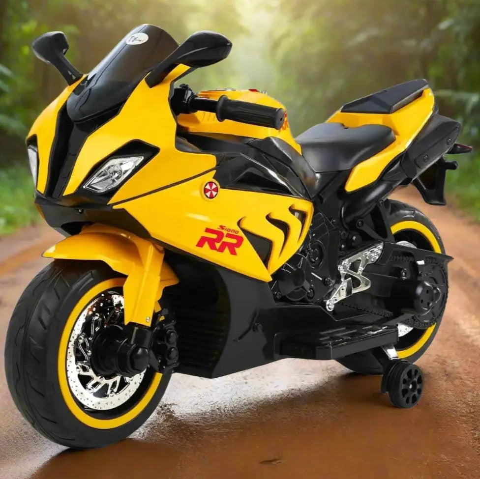 Kids' electric ride-on motorbike in white with BMW-style graphics, training wheels, and working headlights. www.smile.toys