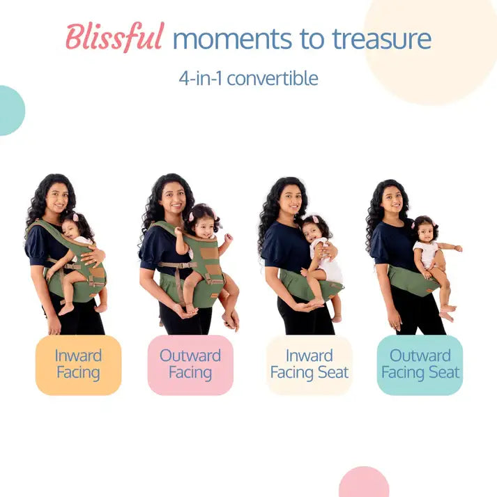 Smiling mother carrying a happy baby in a green Luvlap Royal Hip Seat Baby Carrier, designed for ergonomic comfort and support for both parent and child. Shows the baby facing forward. From uSmile.toys." www.usmile.toys 