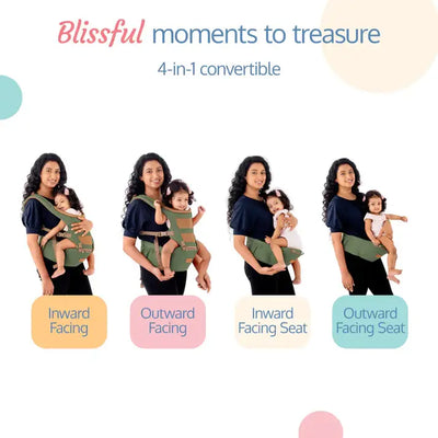 Smiling mother carrying a happy baby in a green Luvlap Royal Hip Seat Baby Carrier, designed for ergonomic comfort and support for both parent and child. Shows the baby facing forward. From uSmile.toys." www.usmile.toys 