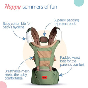 Carry your little one close with comfort and ease using the Luvlap Royal Hip Seat Baby Carrier, providing ergonomic support for longer wearing and hands-free parenting. Available at uSmile.toys." www.usmile.toys