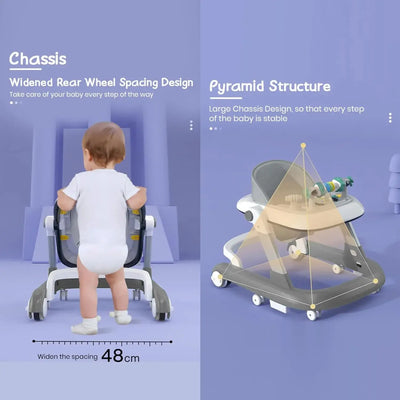 Grey and white StarAndDaisy Tiny Baby Walker, a 2-in-1 infant and baby activity walker suitable for 6-18 months, featuring a comfortable seat and colorful developmental toys for early  www.usmile.toys