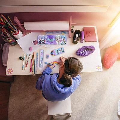 Multicolor Frozen Fever school supply kit for children, featuring Elsa and Anna on pencils, pencil case, sharpener, eraser, ruler, and crayons. Complete stationery set for young fans. www.usmile.toys