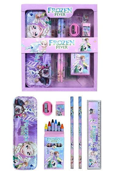 Multicolor Frozen Fever school supply kit for children, featuring Elsa and Anna on pencils, pencil case, sharpener, eraser, ruler, and crayons. Complete stationery set for young fans. www.usmile.toys