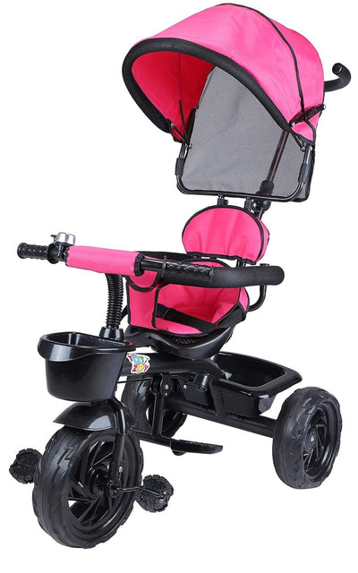 Safe and fun blue kids' tricycle with shade canopy, offering comfortable rides and easy steering for parents. www.usmile.toys