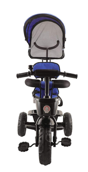 Black kids' tricycle with a teal seat and canopy, detailed with a front storage basket, footrests, and robust wheels on a paved sidewalk. www.usmile.toys