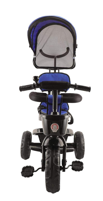 Black kids' tricycle with a teal seat and canopy, detailed with a front storage basket, footrests, and robust wheels on a paved sidewalk. www.usmile.toys