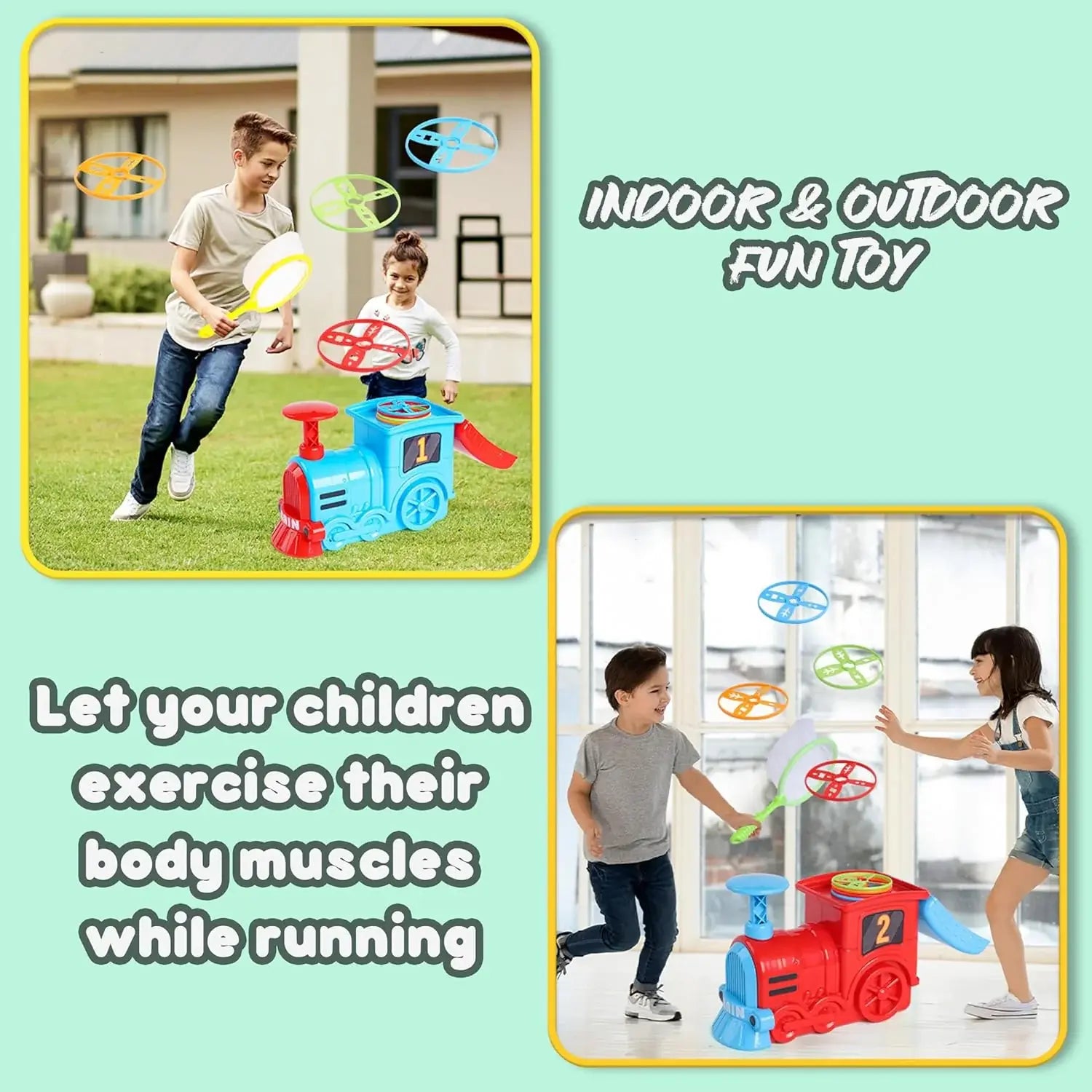Train Flying Disc Launcher Toy for Kids and Adults with 8 Discs, 2 Catch Nets