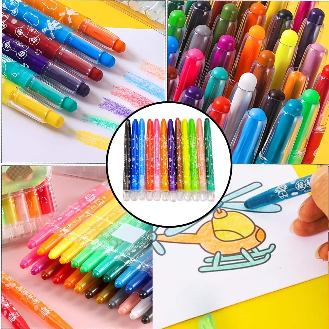 Colorful 12-piece set of Himic twistable crayons for kids, shown with a mini sketchbook featuring a teddy bear, ideal for children's art and drawing." www.usmile.toys