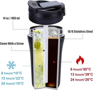 Specifies color, insulation type, travel functionality, and highlights the distinct "push-button" lid mechanism which is visible and a key feature. Includes brand name. www.usmile.toys 