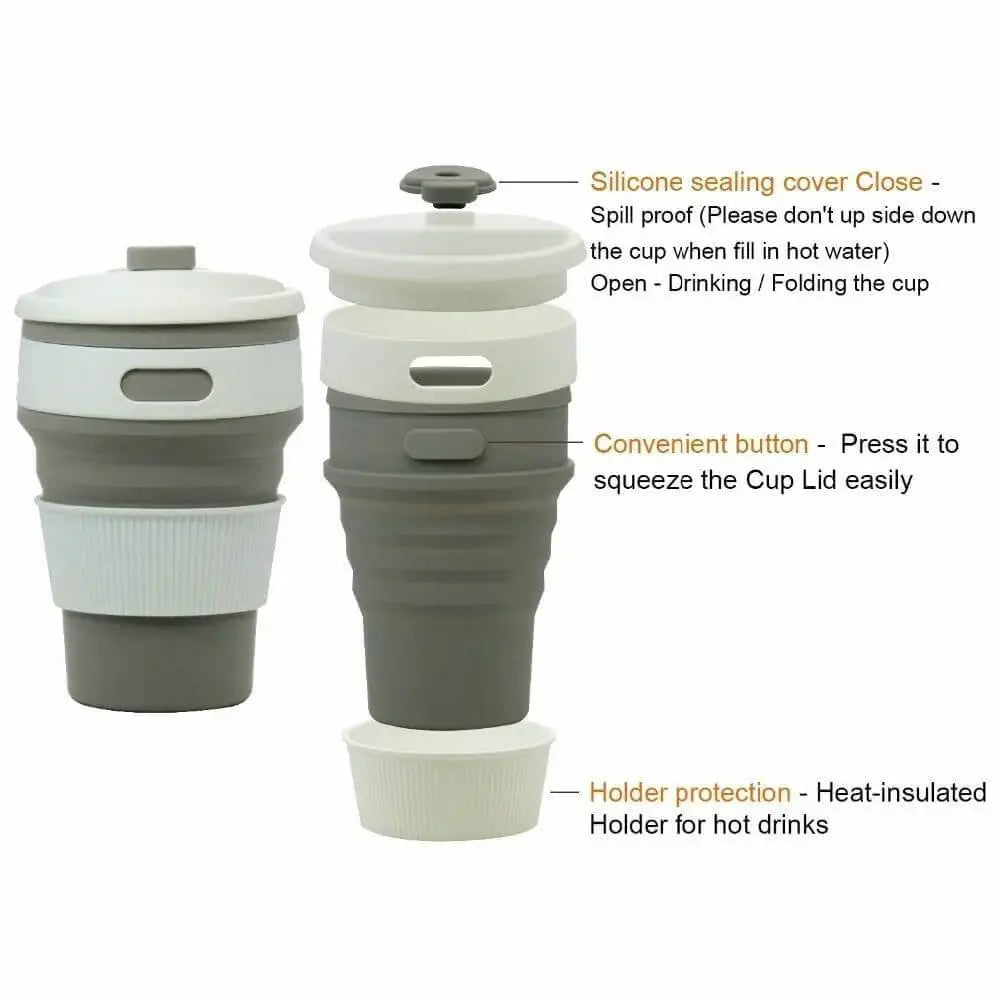 Collapsible travel mug with features highlighted on a white background