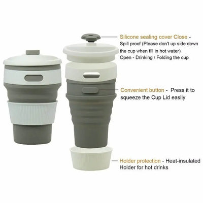 Collapsible travel mug with features highlighted on a white background