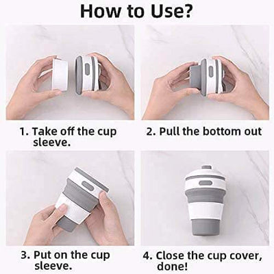 Instructions on how to use a collapsible silicone cup with text overlay.