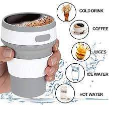 Reusable coffee cup with silicone sleeve held by a hand, surrounded by icons of different beverages.