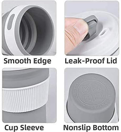 Collage of a white silicone cup with features labeled: Smooth Edge, Leak-Proof Lid, Cup Sleeve, and Nonslip Bottom.