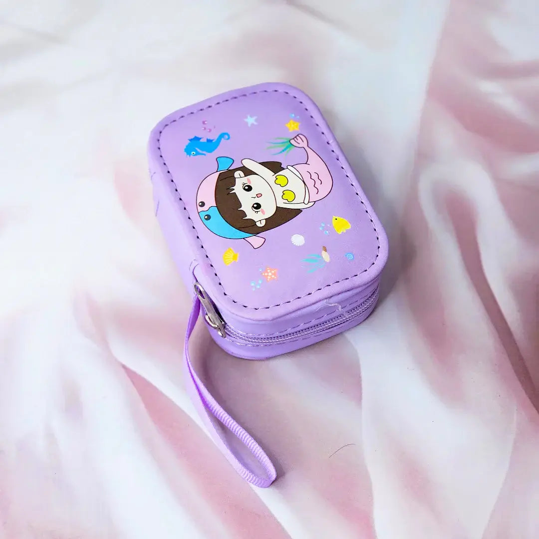 Assorted cute cartoon small storage coin pouches for kids in pink and purple with animal characters. www.usmile.toys