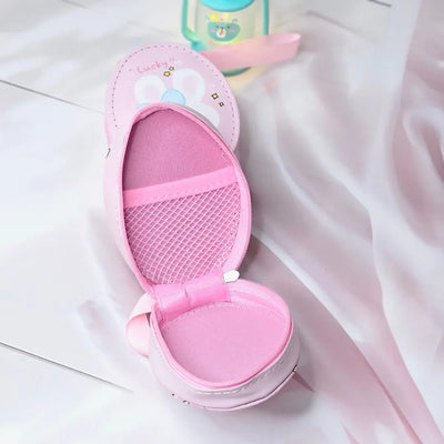 Six colorful cute cartoon oval mini zipper pouches with bear, bunny, duck, cake, and cloud designs, perfect for coins, earphones, and small accessories