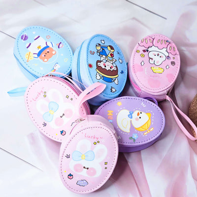 Six colorful cute cartoon oval mini zipper pouches with bear, bunny, duck, cake, and cloud designs, perfect for coins, earphones, and small accessories