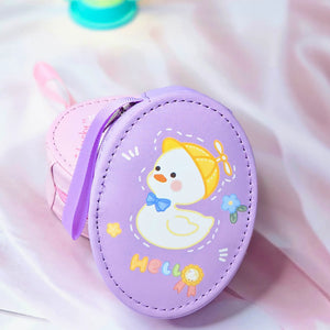Six colorful cute cartoon oval mini zipper pouches with bear, bunny, duck, cake, and cloud designs, perfect for coins, earphones, and small accessories