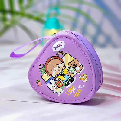 Six colorful cute cartoon triangle mini zipper pouches with dinosaur, bear, girl, and bunny designs, perfect for coins, earphones, and small accessories