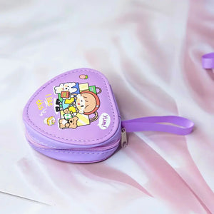Six colorful cute cartoon triangle mini zipper pouches with dinosaur, bear, girl, and bunny designs, perfect for coins, earphones, and small accessories