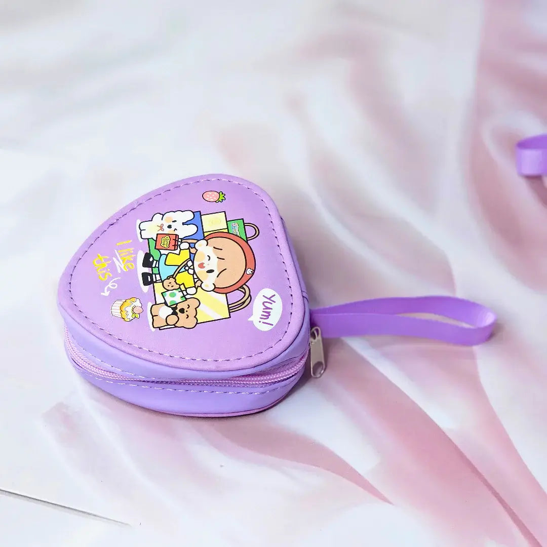Six colorful cute cartoon triangle mini zipper pouches with dinosaur, bear, girl, and bunny designs, perfect for coins, earphones, and small accessories