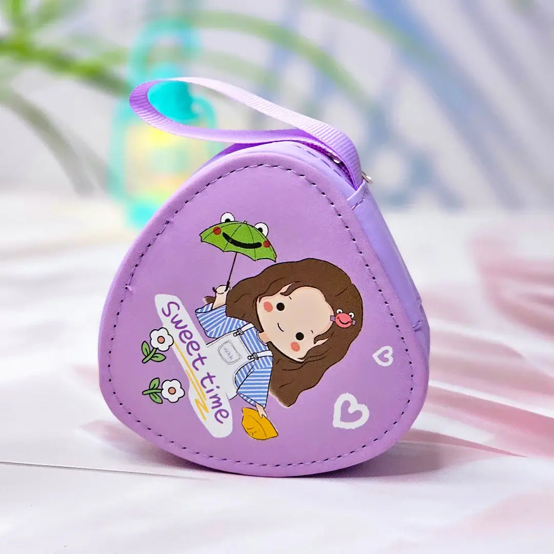 Six colorful cute cartoon triangle mini zipper pouches with dinosaur, bear, girl, and bunny designs, perfect for coins, earphones, and small accessories