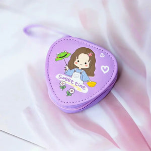 Six colorful cute cartoon triangle mini zipper pouches with dinosaur, bear, girl, and bunny designs, perfect for coins, earphones, and small accessories