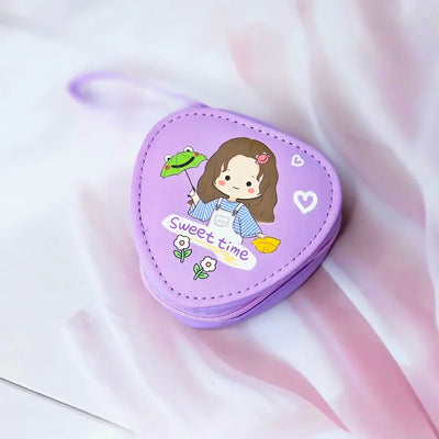 Six colorful cute cartoon triangle mini zipper pouches with dinosaur, bear, girl, and bunny designs, perfect for coins, earphones, and small accessories