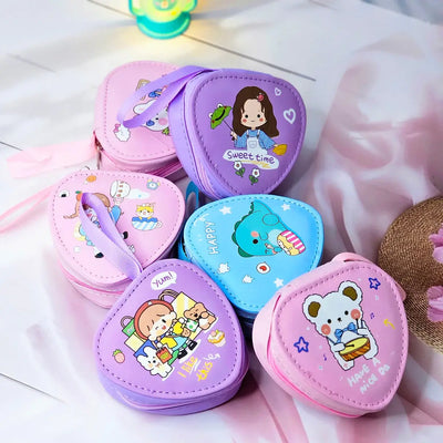 Six colorful cute cartoon triangle mini zipper pouches with dinosaur, bear, girl, and bunny designs, perfect for coins, earphones, and small accessories