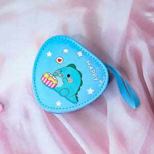 Six colorful cute cartoon triangle mini zipper pouches with dinosaur, bear, girl, and bunny designs, perfect for coins, earphones, and small accessories