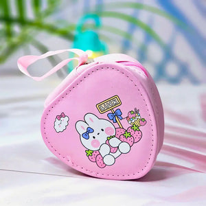 Six colorful cute cartoon triangle mini zipper pouches with dinosaur, bear, girl, and bunny designs, perfect for coins, earphones, and small accessories