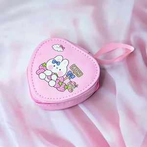 Six colorful cute cartoon triangle mini zipper pouches with dinosaur, bear, girl, and bunny designs, perfect for coins, earphones, and small accessories