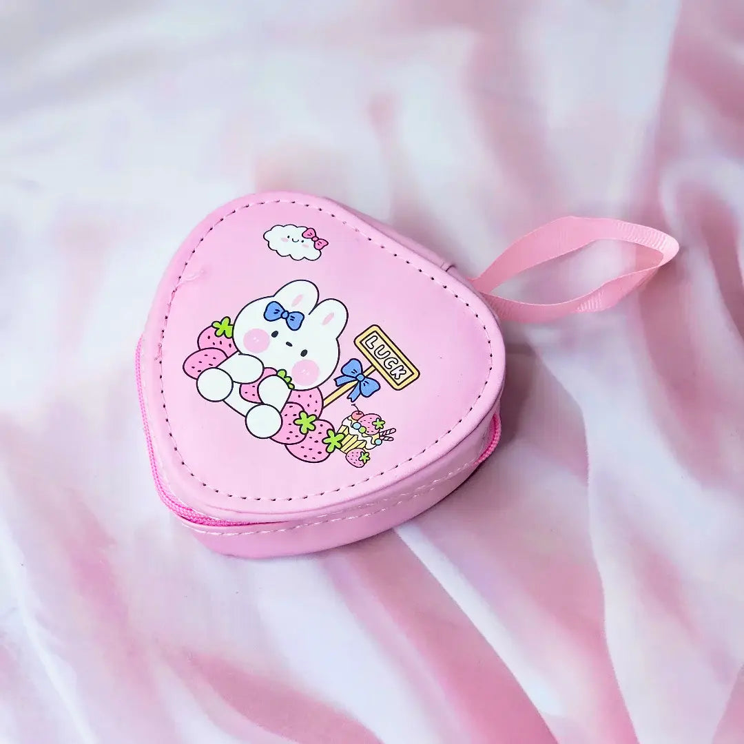 Six colorful cute cartoon triangle mini zipper pouches with dinosaur, bear, girl, and bunny designs, perfect for coins, earphones, and small accessories